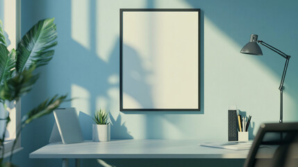 Fototapeta premium Mock-up frame in a small workspace with modern office decor, 3D render.