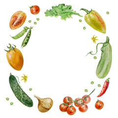 Vegetables wreath. Round frame of tomatoes, cucumber, zucchini, peppers, onions. Watercolor illustration isolated on white. Cards, invitations for Vegetarian and Harvest Day, labels, posters, covers.
