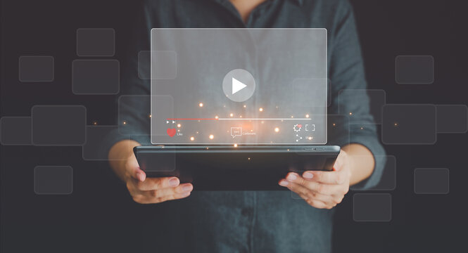 Multimedia player, Video on demand technology. Live digital social stream multimedia player. Businessman watching a live vdo. Online streaming window on internet, digital broadcasting concept.