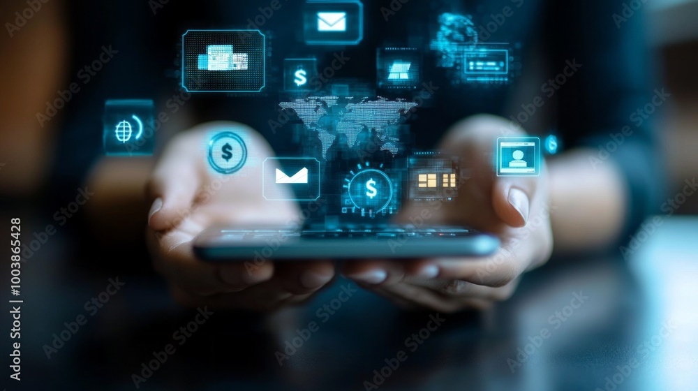 Poster a person is holding a cell phone with a screen that is filled with various icons