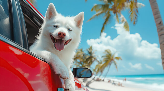 A white husky dog is smiling outside the window of a red car