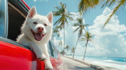 A white husky dog is smiling outside the window of a red car