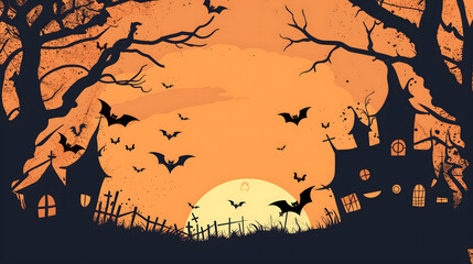 Halloween Silhouette Scene with Haunted Houses, Full Moon, and Bats