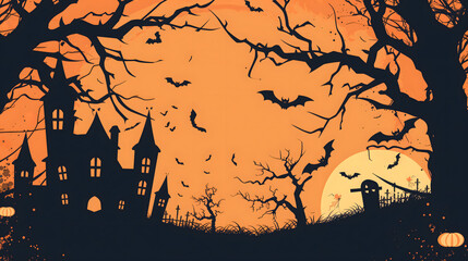 Halloween Scene with Haunted House, Graveyard, and Pumpkins