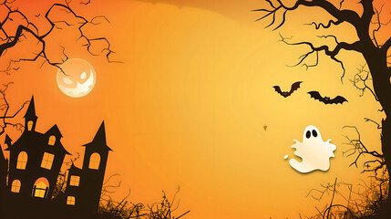 Halloween Scene with Haunted House, Full Moon, and Ghosts