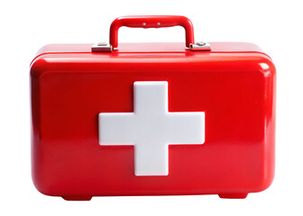 A red first aid kit box with a white cross symbol, designed for emergency healthcare and assistance, featuring a 3D appearance and isolated on a white background