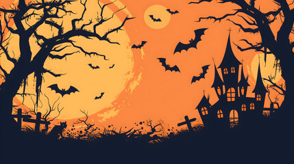 Halloween Scene with Full Moon, Haunted House, and Tombstones