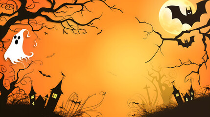 Spooky Halloween Scene with Haunted House, Ghost, and Bats