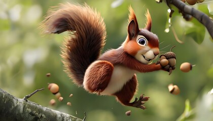 Obraz premium The Nutsy could be seen mid-air, jumping from one branch to another, holding a pile of acorns while his tail swings wildly. 