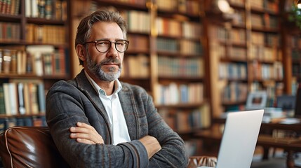 Obraz premium Thoughtful mature man with glasses in a library