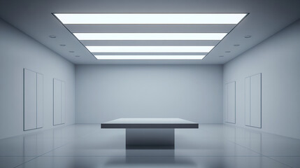 A white room with a square table in the center, large rectangular lights on the ceiling, minimalist