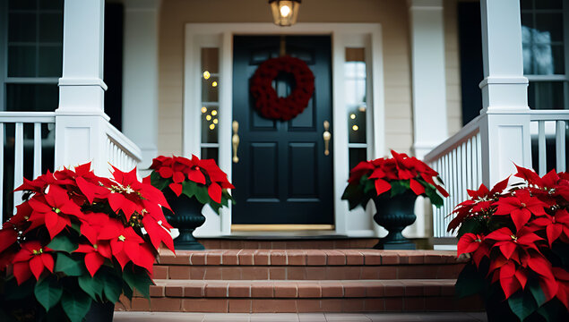 classic christmas porch poinsettias lining steps