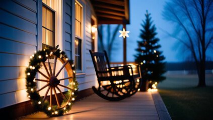 country christmas porch wagon wheel wrapped greenery lights