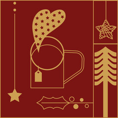 Hot tea in a red teacup with small stars, Christmas concept vector illustration