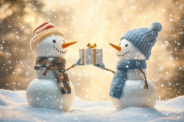 Two cute snowmen in winter, one is holding out his hand with a gift box to the other, festive and heartwarming scene, Merry christmas and happy new year greeting card.