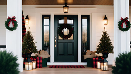 Fototapeta premium farmhouse christmas porch natural greenery plaid accents