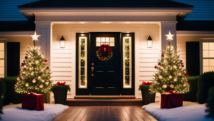 festive christmas porch illuminated christmas trees flanking entrance