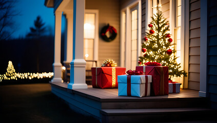 festive christmas porch stack wrapped presents display