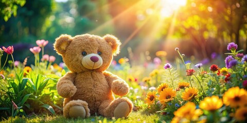 Fototapeta premium A delightful bear plush toy rests in a flower-filled garden, soaking up the bright sunshine on a lovely day, radiating warmth and happiness all around.