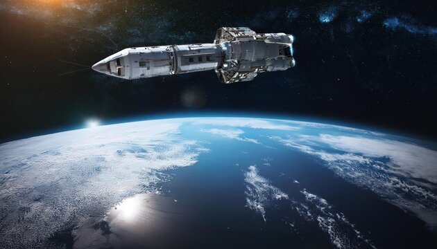 Space craft in outer space near Earth planet. 