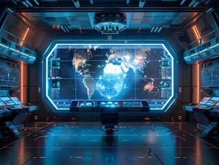 Futuristic Holographic Map of Interstellar Communication Routes in Command Center