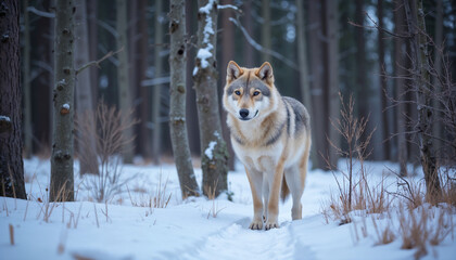 Fototapeta premium Wolf walking on snowy path in winter forest, captivating wildlife portrait