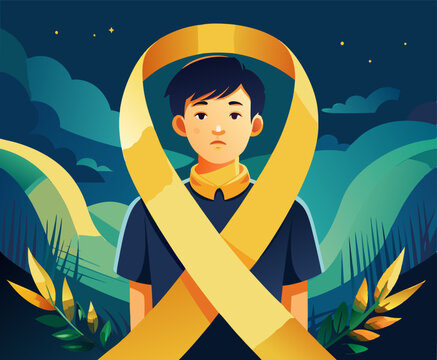 Young boy with yellow ribbon for suicide prevention awareness in september night scene