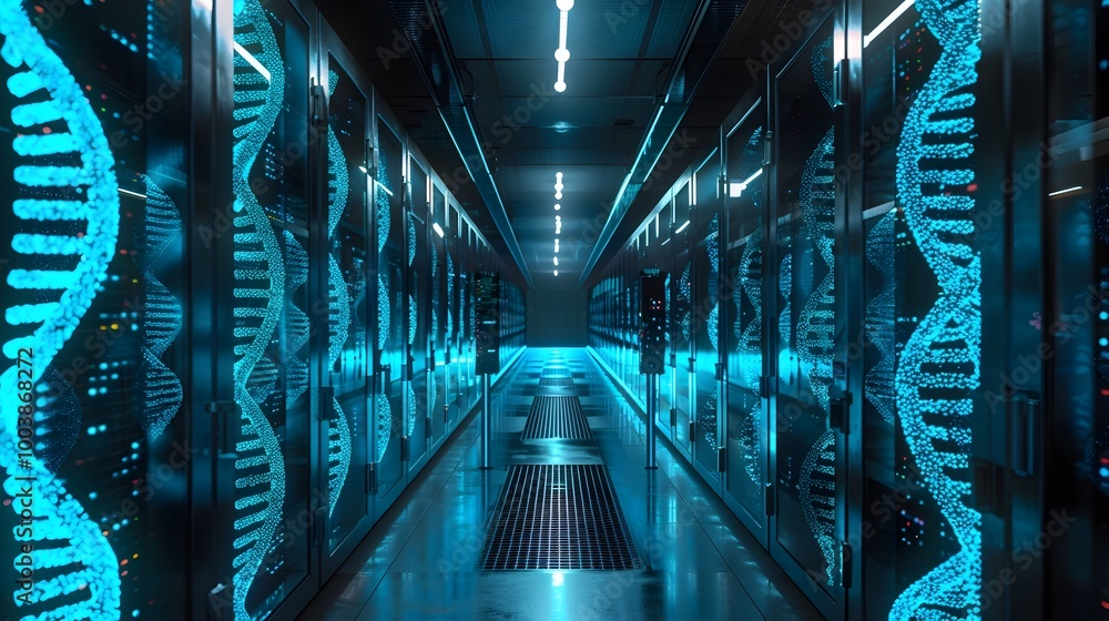 Poster futuristic data recovery center extracting lost dna samples with advanced retrieval technology