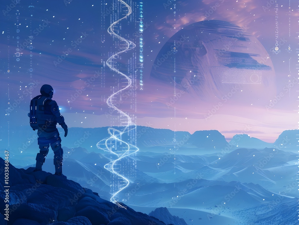Poster explorers discovering ancient dna data storage devices on distant planet with futuristic tech