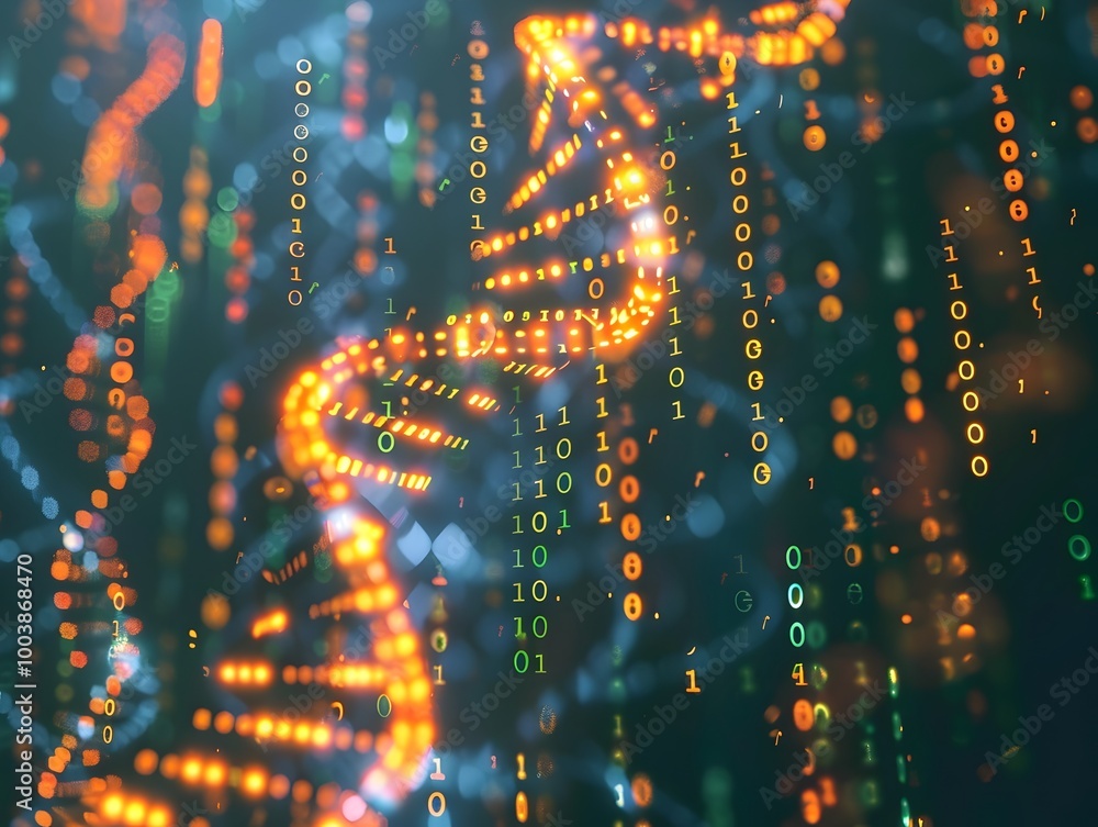Poster conceptual art piece depicting dna helix intertwined with binary code representing fusion of biology