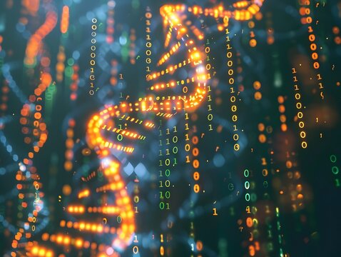 Conceptual Art Piece Depicting DNA Helix Intertwined with Binary Code Representing Fusion of Biology and Technology