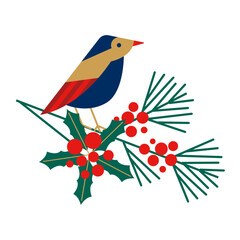 A bird standing on holly branches with red berries Christmas concept vector illustration