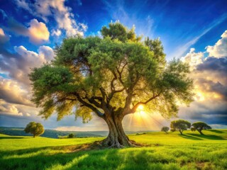 Fototapeta premium A grand olive tree stands tall under a bright sun, surrounded by vibrant green grass and a clear blue sky, radiating nature's serene beauty.