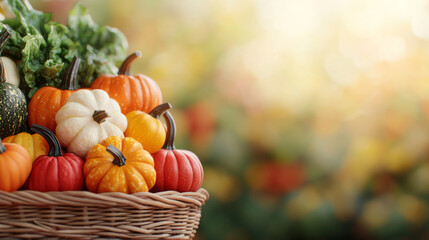 A colorful assortment of pumpkins and gourds in a woven basket at a vibrant farmer's market