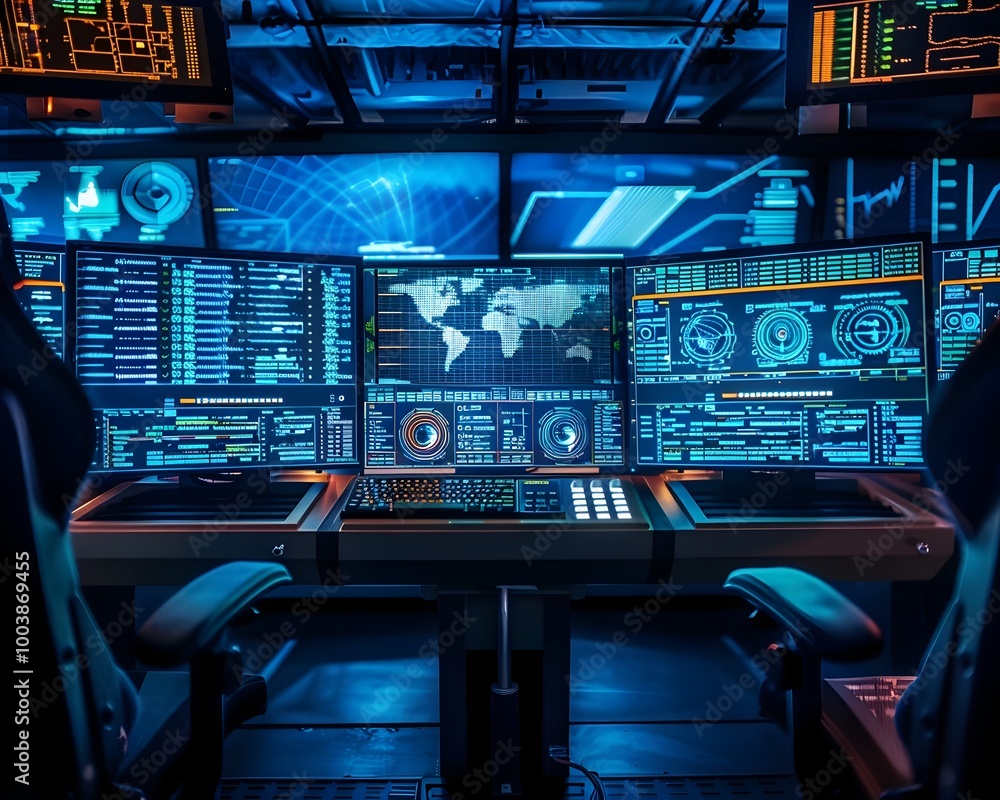 Poster interstellar communication control room with futuristic digital displays and interfaces