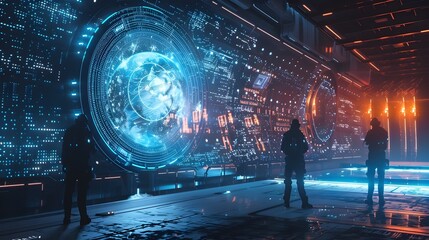 Futuristic Space Station with Scientists Utilizing Holographic Array for Interstellar Communication