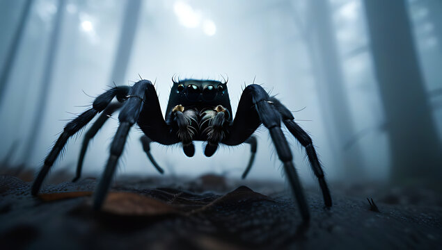 creepy black spider mist fog perfect arachnophobia concept