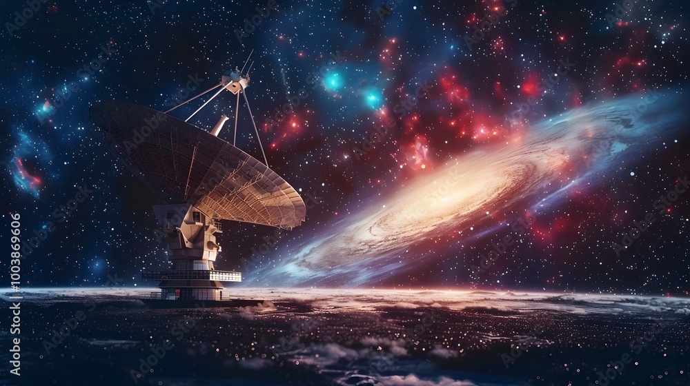 Poster space observatory receiving complex signal from distant galaxy deciphering interstellar communicatio