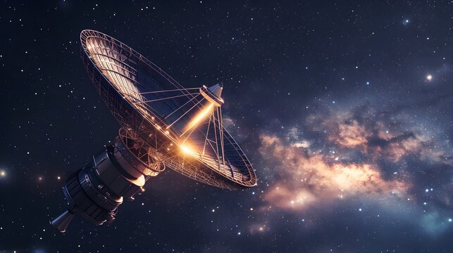 Spacecraft Equipped with Giant Dish Antenna Sending Message to Distant Star System Against Starry Backdrop