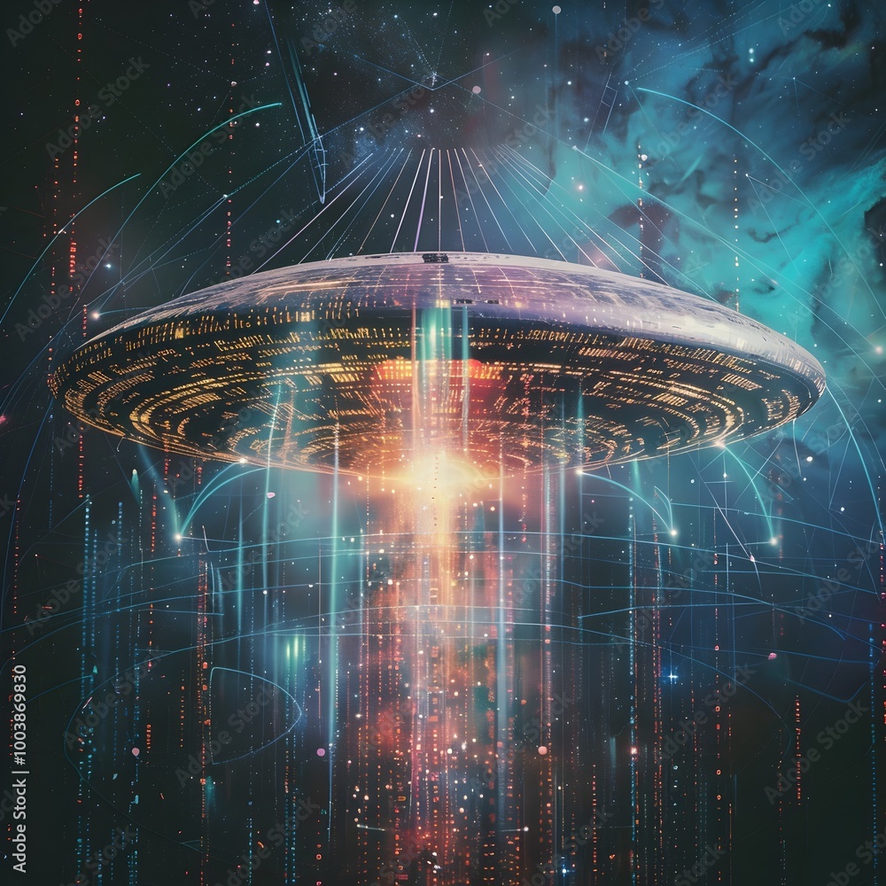 Poster alien artifact emitting signals decoded by scientists revealing interstellar coordinates and message