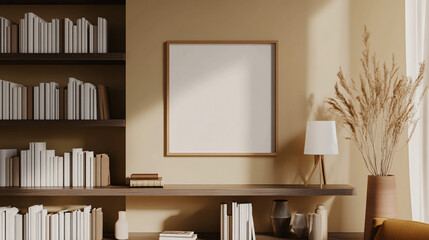 Minimalist mock-up frame on a sleek, modern bookshelf with warm accents, 3D render.
