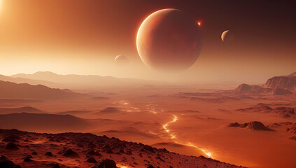 flaming surface mars alien planet landscape misty scene