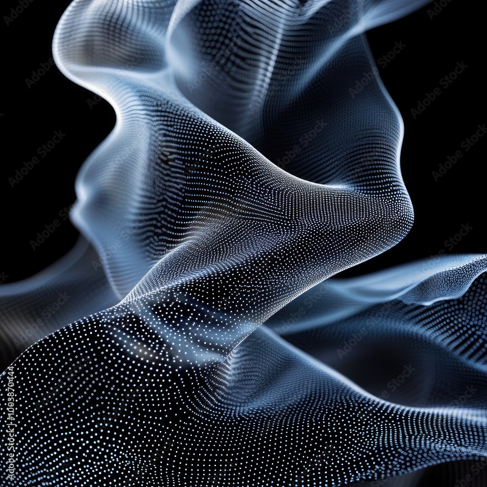 Poster abstract digital art showcasing a fluid wave of particles against a dark background, emphasizing mot