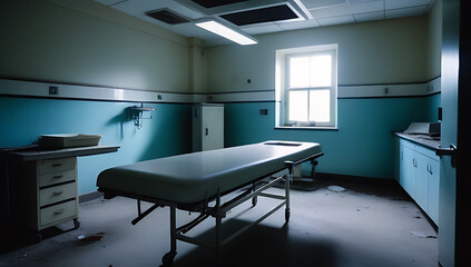 ghostly old hospital room debris equipment morgue table peeling walls eerie atmosphere