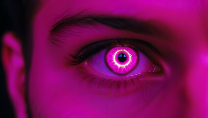 Fototapeta premium glowing pink magenta eye mysterious man intense paranormal gaze halloween concept