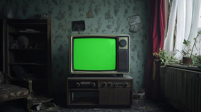 Old CRT TV powering on with green background for video editing