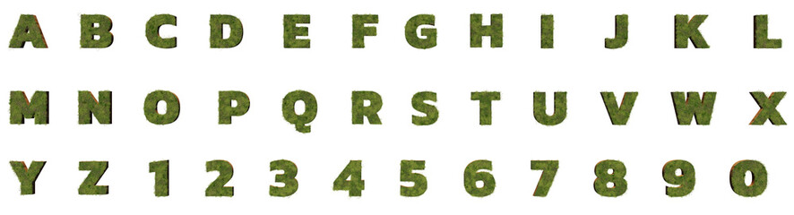 3D render of Green alphabet A-Z font letters and number isolated on transparent background. High resolution