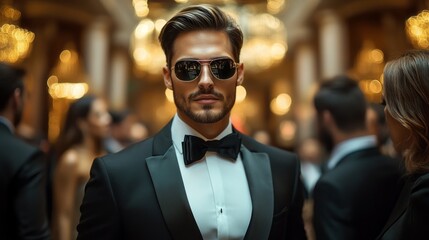 Fototapeta premium A man in a black suit and white shirt with a bow tie and sunglasses
