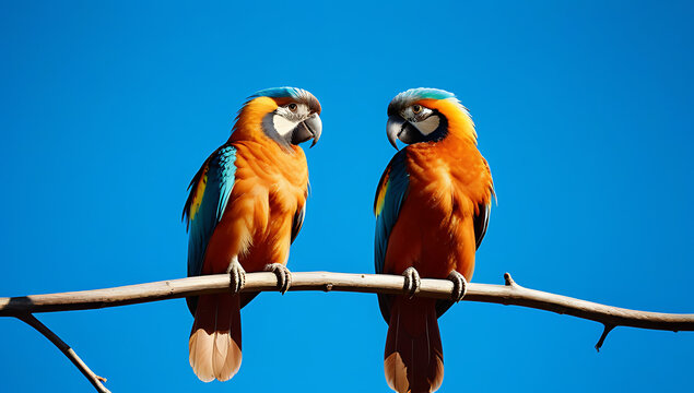 harmony color trio araras perched branch diverse plumage azure sky