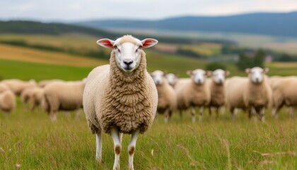 Obraz premium A sheep standing in a green field with a herd grazing in the background under a cloudy sky.
